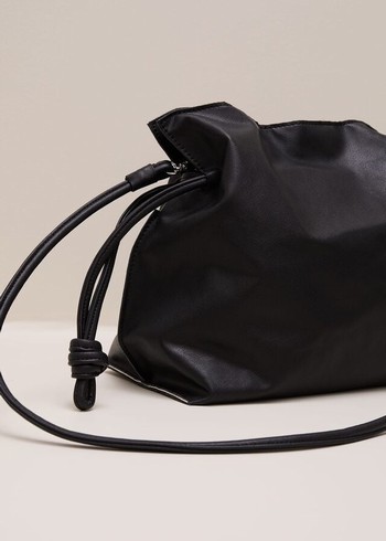 Phase Eight Black Leather Drawstring Soft Pouch Bags Black Canada | OQKPJS-931